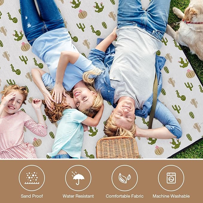 Picnic Blankets Washable | Beach Mat Sand Free Waterproof | Camping Blankets | Emergency Blankets | Picnic Baskets Accessories with Waterproof Backing and Shoulder Strap - Cactus