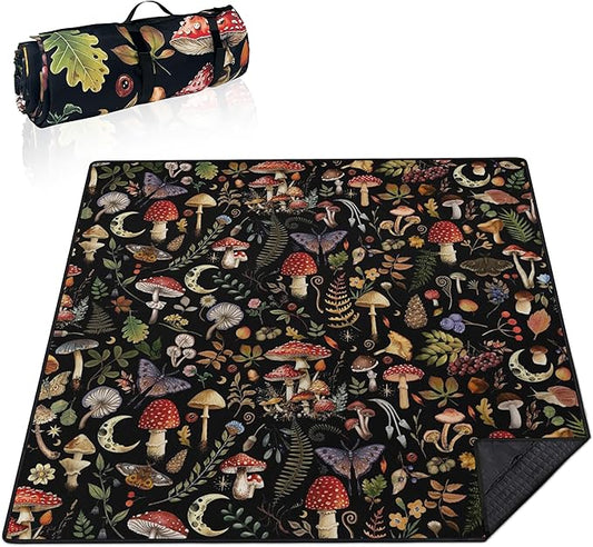 Extra Large Picnic Blankets Waterproof Foldable (80"x 80") Mushroom Beach Blanket Waterproof Sandproof,3-Layer Thicking Mat Outdoor Packable Camping Blanket