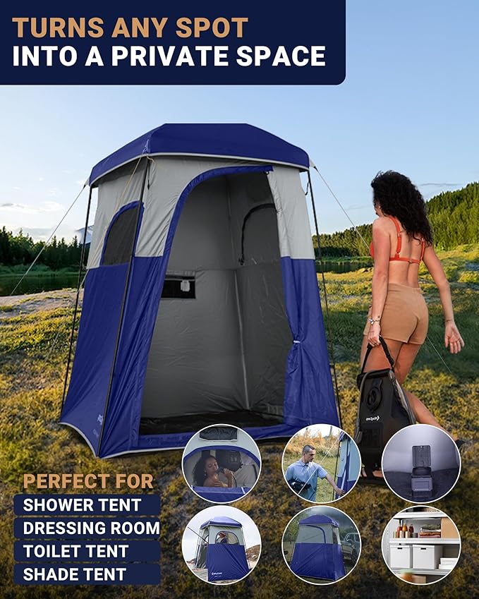 KingCamp Camping Shower Tent, Portable Outdoor Privacy Toilet & Changing Tent Windproof & Waterproof Easy Setup 1 or 2 Room Shelter with Shower Bag for Camping Hiking Beach