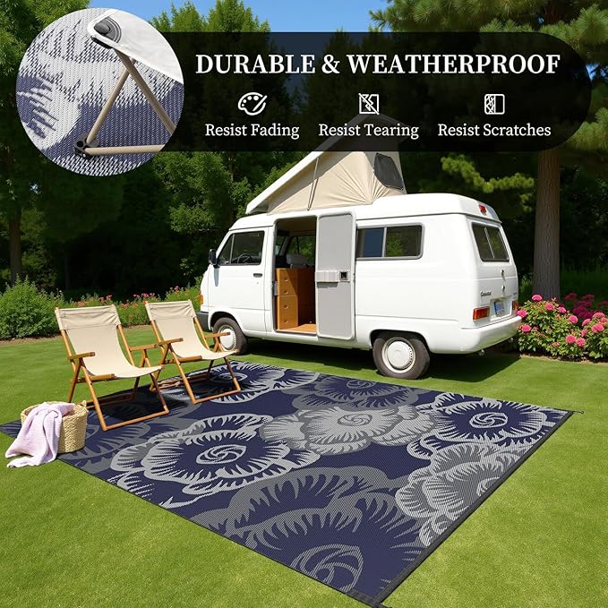 MontVoo Outdoor Rug-Waterproof Patio Rug Mat 5x8 Outdoor Carpet Mat Reversible Plastic Straw Outside Outdoor Rug for RV Camping Picnic Beach Balcony Backyard Pool Deck Farmhouse Floral Navy Blue