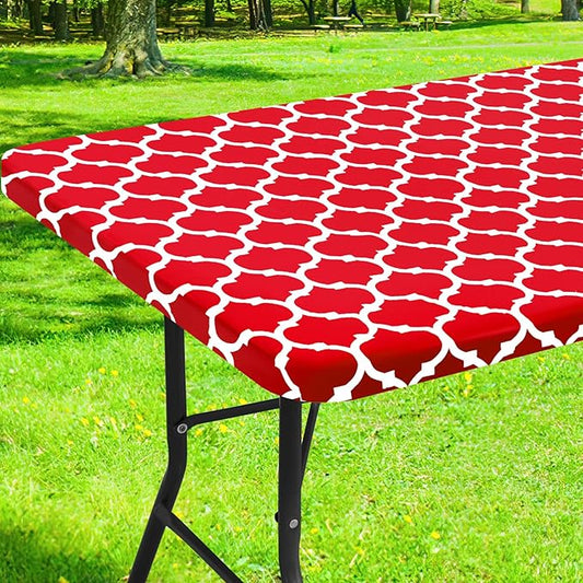 Smiry Rectangle Picnic Table Cover, Waterproof Elastic Fitted Camping Tablecloths for 8 Foot Tables, Wipeable Flannel Backed Vinyl Tablecloth Protector for Indoor, Outdoor (Red, 30x96 Inches)