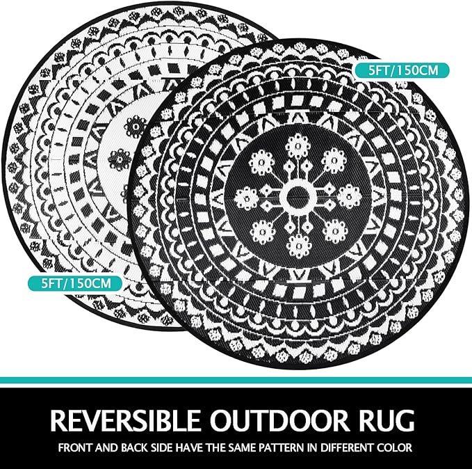 Capslpad 5Ft Round Outdoor Rug for Patio Reversible Mat Waterproof Plastic Straw Rug Boho Circle Indoor Outside Area Rug for RV Camping Picnic Pool Tent Balcony Beach Deck Doormats Decor, Black
