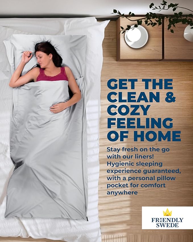 The Friendly Swede Sleeping Bag Liner — Ultralight Polyester or Cold Weather Microfiber Adult Sleep Sack; Thin Travel Sheets for Hotel; Camping Sheets; Travel Sleeping Bag with Pocket-Size Stuff Sack