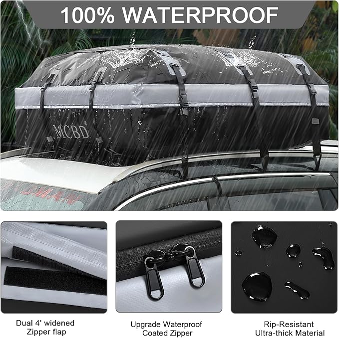 Rooftop Cargo Carrier, 21 Cubic Feet Soft-Shell Waterproof Car Roof Luggage Bag for All Vehicles SUV with/Without Rails, Includes 10 Reinforced Straps + 6 Door Hooks,Storage Bag,Anti-Slip Mat