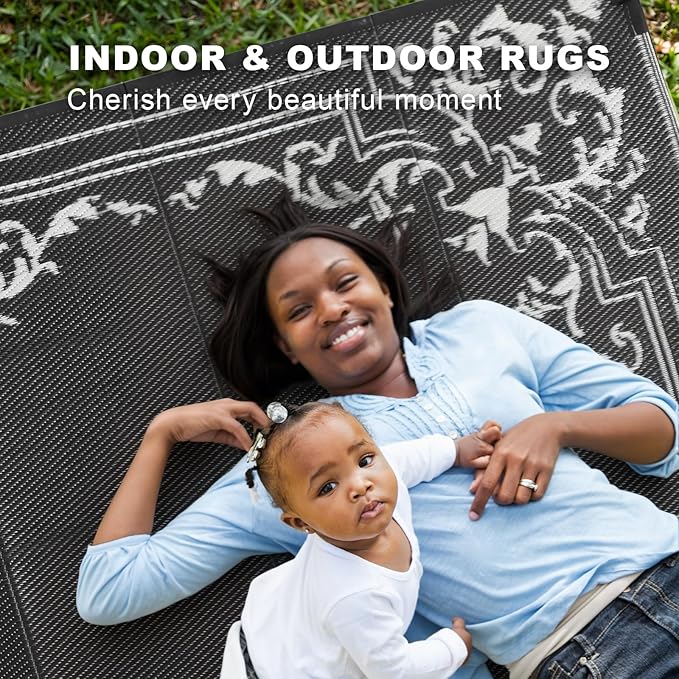 wikiwiki Outdoor Rug, 5x8ft Waterproof Reversible Mat Indoor Outdoor Rugs Carpet, Small Area Rug Plastic Straw Rug for Patio Deck Balcony Pool RV Camping Beach Picnic, Classic Black, Rugscape Series