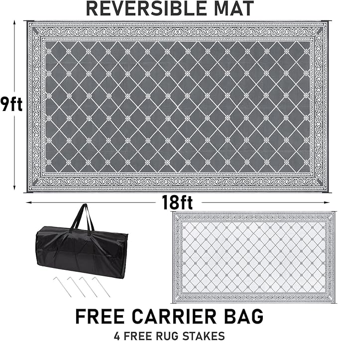 HiiARug Outdoor Rug 9'x18' for Patios Clearance, Reversible Outdoor Plastic Straw Waterproof Camping Carpet, Large Area Rugs Patio Mats for Outside RV, Camper, Deck, Porch, Beach, Picnic, Grey&White