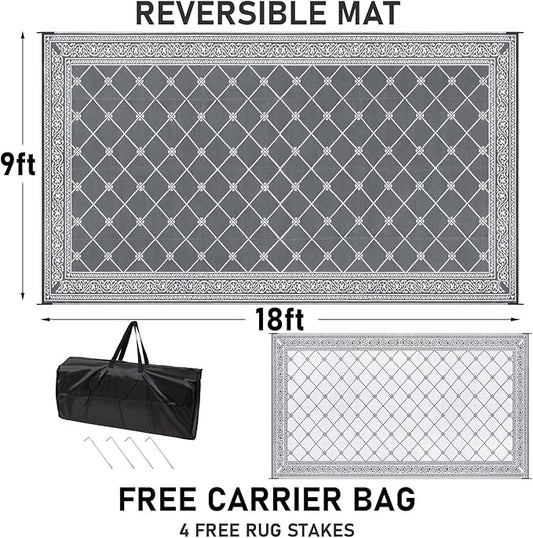 HiiARug Outdoor Rug 9'x18' for Patios Clearance, Reversible Outdoor Plastic Straw Waterproof Camping Carpet, Large Area Rugs Patio Mats for Outside RV, Camper, Deck, Porch, Beach, Picnic, Grey&White