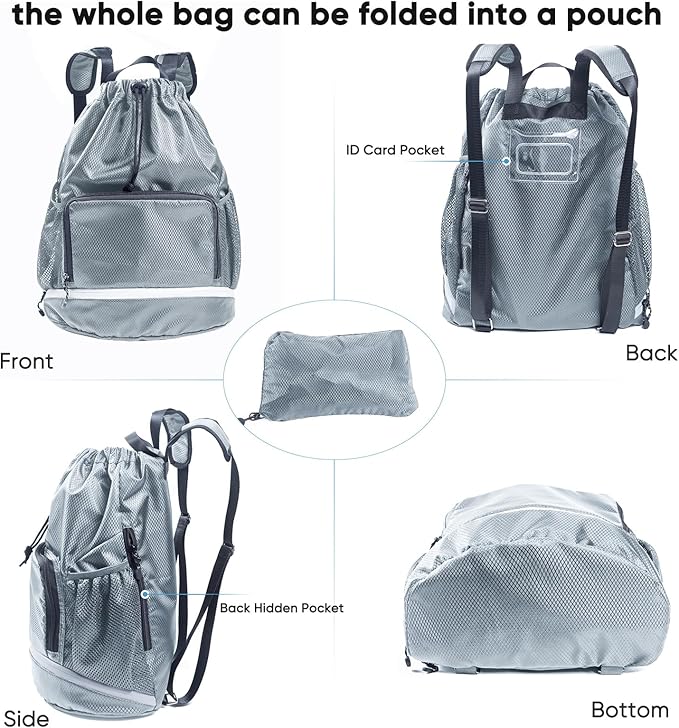 Swim Bag Beach Backpack Sports Drawstring Backpack - Gym Bag with Shoes Compartment and Waterproof Pocket for Gym Accessories, Swim Essentials - Kids Swim Backpack Mens Beach Bag, Workout Bag