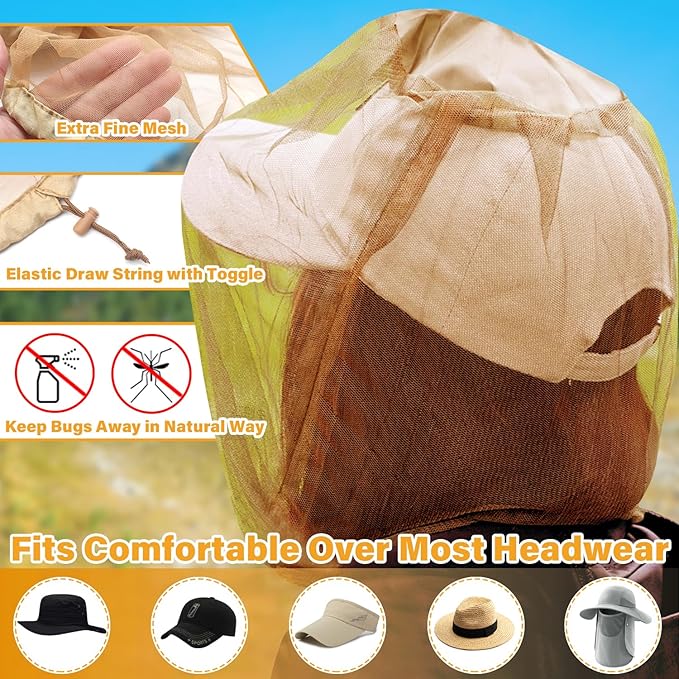 Benvo Mosquito Head Net Mesh One Piece Face Neck Fly Netting Cover from Bugs Gnats Noseeums Hat-Compatible Insect Shield for Fishing, Camping, Gardening (2pcs, Khaki, Upgraded Big Net)