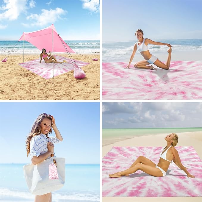 Large Beach Blanket Sandproof, Beach Mat Sand Free Waterproof, Pink Tie-Dye Picnic Blankets Lightweight Quick Drying & Compact, Polyester Outdoor Blanket Beach Essentials Must Have Accesorries