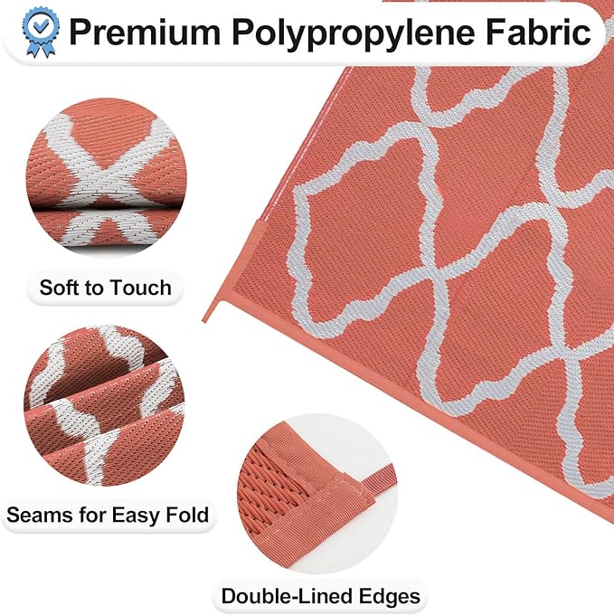 OutdoorLines Outdoor Plastic Area Rug for Patio 6x9 ft - Reversible Outside Carpet, Stain & UV Resistant RV Mats, Straw Rug for Camping, Deck Garden, Porch and Balcony, Moroccan/Orange & Light Grey