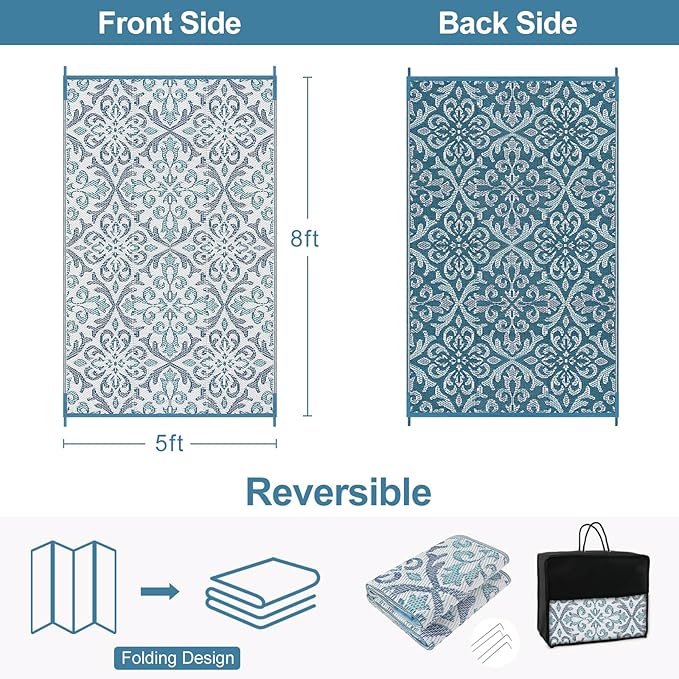 Lahome Waterproof Outdoor Plastic Straw Rug 5x8 Outside Carpet Waterproof Camping Mats Rugs, Reversible Floral Design Patio Rug for Porch Backyard Balcony Deck, Blue & White
