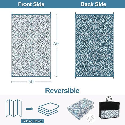 Lahome Waterproof Outdoor Plastic Straw Rug 5x8 Outside Carpet Waterproof Camping Mats Rugs, Reversible Floral Design Patio Rug for Porch Backyard Balcony Deck, Blue & White