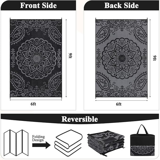 Pauwer Waterproof Outdoor Rug 6x9, Reversible Plastic Straw Patio Camping Rug, Indoor Outdoor RV Mat Carpet for Deck, Camper, Porch, Balcony, Backyard, Picnic, Boho Black Grey