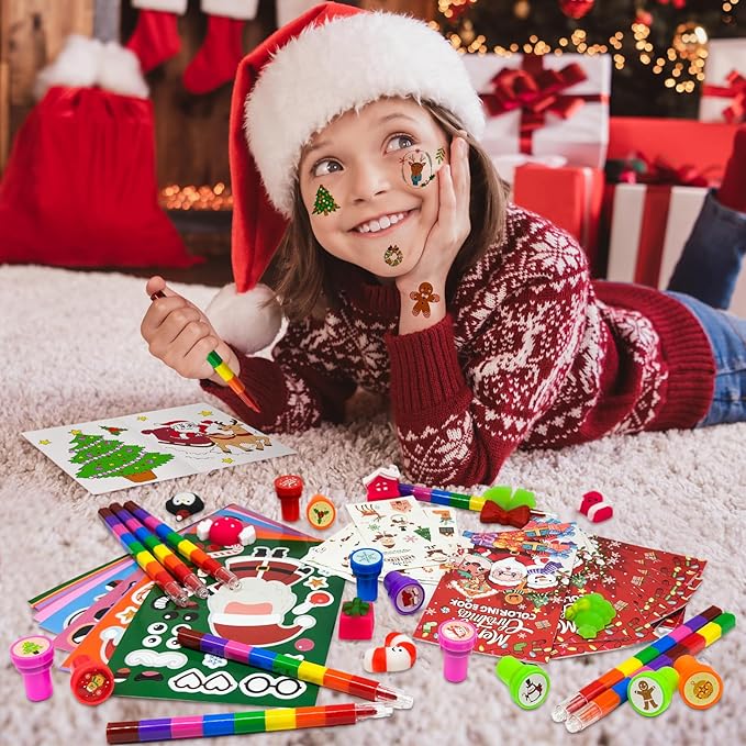 Cinrobiye 144 Pcss Merry Christmas Party Favors Max Holiday Coloring Books Tattoo DIY Sticker Stampers Class Reward Prizes for Christmas Holiday Winter Party supplies (Christmas2)