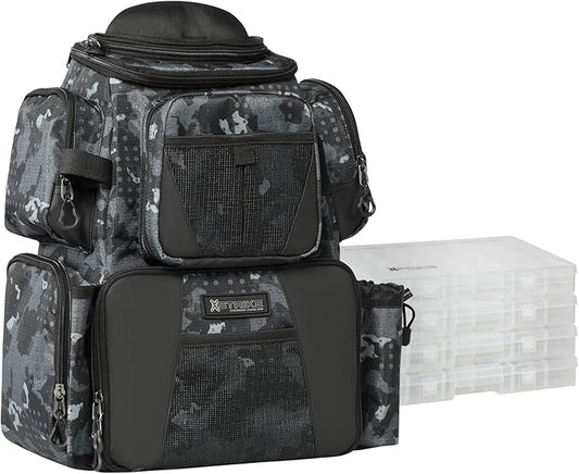 48L Large Fishing Tackle Backpack With Rod Holders, 4 Tackle Box, Protective Rain Cover - Water Resistant Storage Bag for Camping, Hiking, Hunting