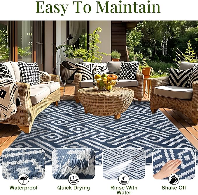 OPPODREAM Outdoor Rug 5x8 Ft, Waterproof Outdoor Plastic Straw Rug for Patio, Reversible Out Door Carpet for Camping, Deck, Rv, 5 x 8 Area Carpet for Balcony, Porch, Backyard, White and Navy Blue