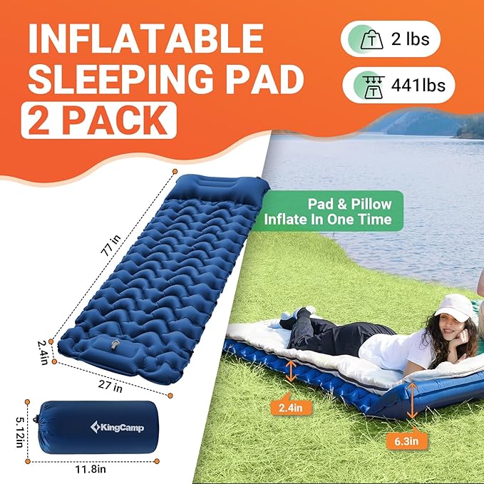KingCamp Sleeping Pad for Camping, Inflatable Sleeping Pad Ultralight Connectable Camping Mattress with Pillow Built-in Foot Pump for Backpacking Hiking Tent Cot