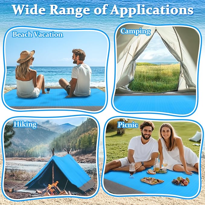 Large Beach Blanket Sandproof - 1PCS Beach Mat Picnic Blanket for Holiday Traval Beach Vacation Picnic Camping Hiking Lightweight with 4 Metal Stakes 1 Drawstring Pocket and 1 Carabiner