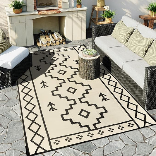 Uphome Outdoor Plastic Straw Rug 6x9 ft, Reversible Waterproof Outdoor Rug Carpet, Tan Boho Patio Rug, RV Camping Rug for Outside, Indoor Outdoor Area Rug for Backyard Deck Balcony Picnic, 6'x9'