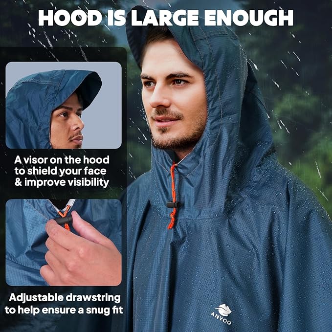 ANYOO Hooded Rain Poncho for Adults Waterproof Lightweight Rain Coat for Men Women Reusable Rain Jacket for Emergency Outdoor