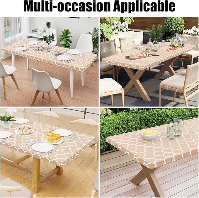 Smiry Rectangle Picnic Table Cover, Waterproof Elastic Fitted Camping Tablecloths for 5 Foot Tables, Wipeable Flannel Backed Vinyl Tablecloth Protector for Indoor, Outdoor (Khaki, 30x60 Inches)