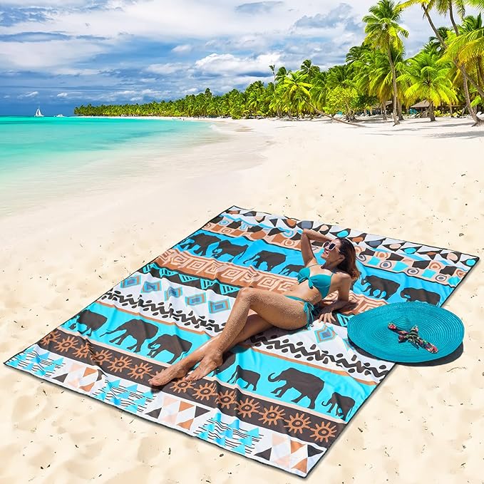 Beach Blanket Waterproof Sandproof Beach Mat for 1-8 Adults Quick Drying Durable Outdoor Picnic Mat for Beach Festival Travel Camping Hiking (Elephant-GN, 79"×83"(4 Person))