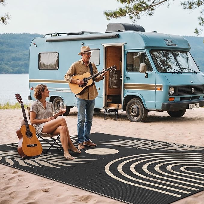 GENIMO Outdoor Rug 9' x 12' Waterproof for Patio Clearance, Reversible Lightweight Plastic Straw Camping Carpet, Large Area Rugs Mats for Rv, Backyard, Deck, Porch, Picnic, Balcony, Mix-Black & Beige