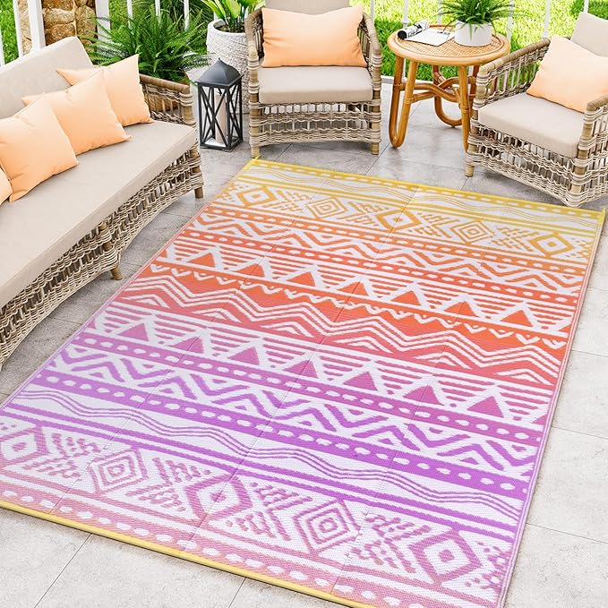 Lahome Outdoor Rug Waterproof, 5x8ft Reversible Outdoor Plastic Straw Rug for Camping, RV Patio Rugs Outside Carpet for Porch Deck Backyard Balcony Picnic(Orange/Purple,5'x 8')