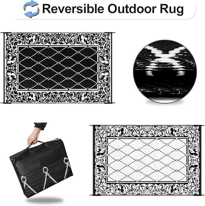 OutdoorLines Indoor Outdoor Rugs for Patio 4x6 ft - Reversible Outside Carpet, Stain & UV Resistant Portable RV Mats, Plastic Straw Rug for Camping, Pool Deck, Porch Rhombus Black & White
