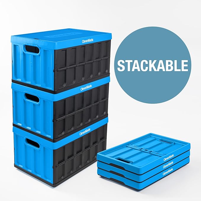 CleverMade Collapsible Storage Bins with Lids- Neptune Blue 3Pack 46L- Plastic Container Stackable Organization Crates Home Closet SpaceSaving Durable