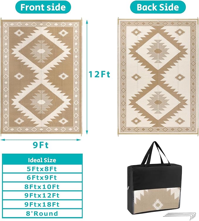 HEBE Outdoor Rug 9'x12' for Patios Clearance Waterproof Patio Mat Plastic Straw Rug Reversible RV Camping Tent Rug Outside Indoor Outdoor Area Rugs for RV,Deck,Beach,Balcony,Camper