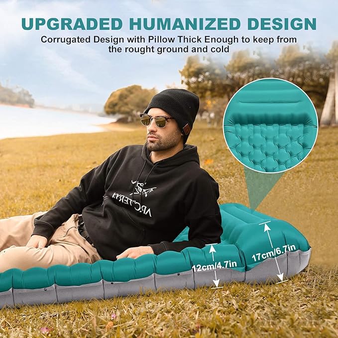 Camping Sleeping Pad with Pillow: Extra Thick 4.7 Inch Ultra-Light Self Inflating Air Mat, Lightweight Compact Inflatable Sleep Mattress with Built-in Pump Ultimate for Camping, Hiking (Peacock Blue)