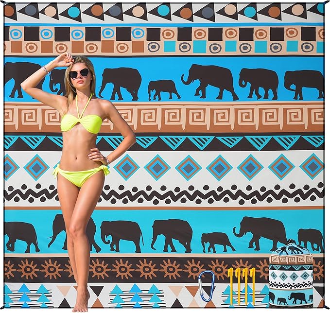 Beach Blanket Waterproof Sandproof Beach Mat for 1-8 Adults Quick Drying Durable Outdoor Picnic Mat for Beach Festival Travel Camping Hiking (Elephant-GN, 79"×83"(4 Person))