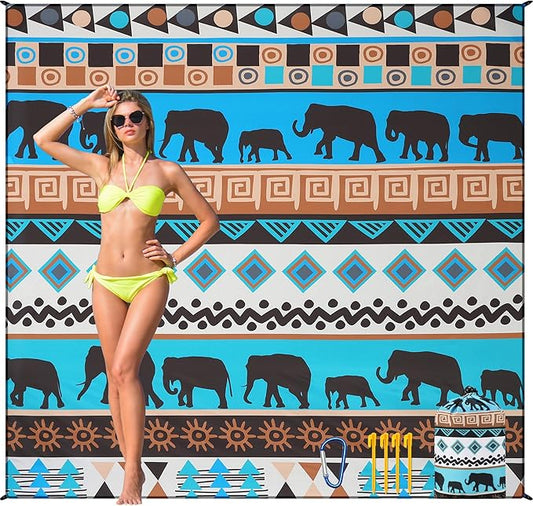 Beach Blanket Waterproof Sandproof Beach Mat for 1-8 Adults Quick Drying Durable Outdoor Picnic Mat for Beach Festival Travel Camping Hiking (Elephant-GN, 79"×83"(4 Person))