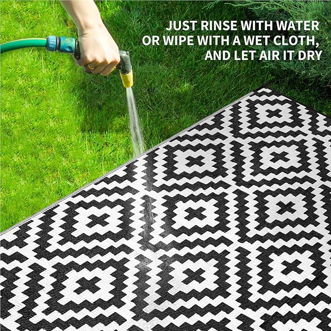 Outdoor Patio Plastic Straw Rug - 8'x10' Outdoor Camping Rug Waterproof Reversible, Area Carpet Patios Clearance RV, Outside Porch Balcony Deck for Camper, Black & White