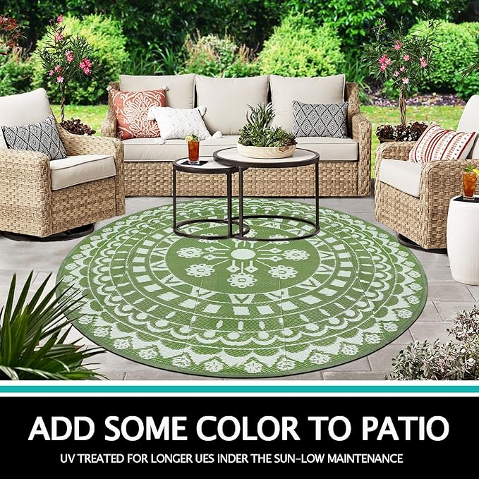 Capslpad 6Ft Round Outdoor Rug for Patios Clearance Reversible Mat Plastic Straw Patio Rugs Lightweight RV Camping Mat Circle Outside Area Rug Carpet for Balcony Deck Trailer Picnic BBQ,Green