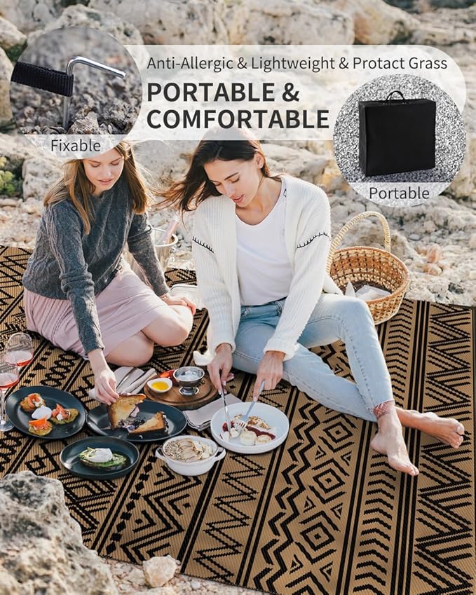 MontVoo Outdoor Rug 8x10 Waterproof Outdoor Patio Rug Mat Reverisble Plastic Straw Outdoor Rug for RV Camping Picnic Beach Balcony Boho Black Brown