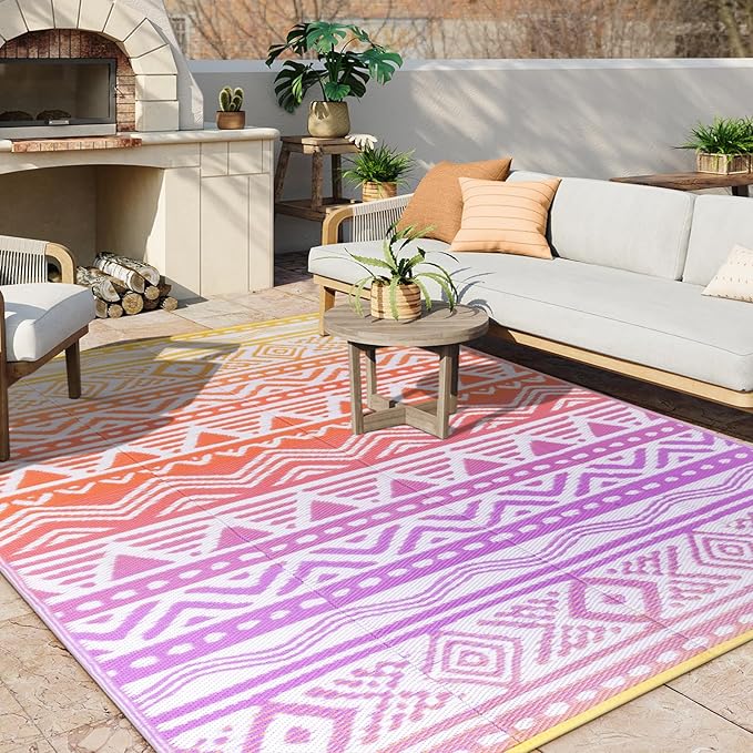 Lahome Outdoor Rug Waterproof, 6x9 Reversible Outdoor Plastic Straw Rug for Camping, RV Patio Rugs Large Carpet for Porch Deck Backyard Balcony Picnic(Orange/Purple,6'x 9')