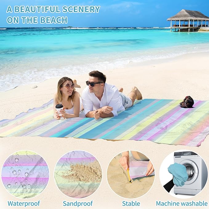 BYDOLL Beach Blanket Waterproof Sandproof 78''×110'' Suits1-7 Adults Compact Lightweight Oversized Sand-Free Blanket Large Picnic Mat for Beach Travel Camping Hiking