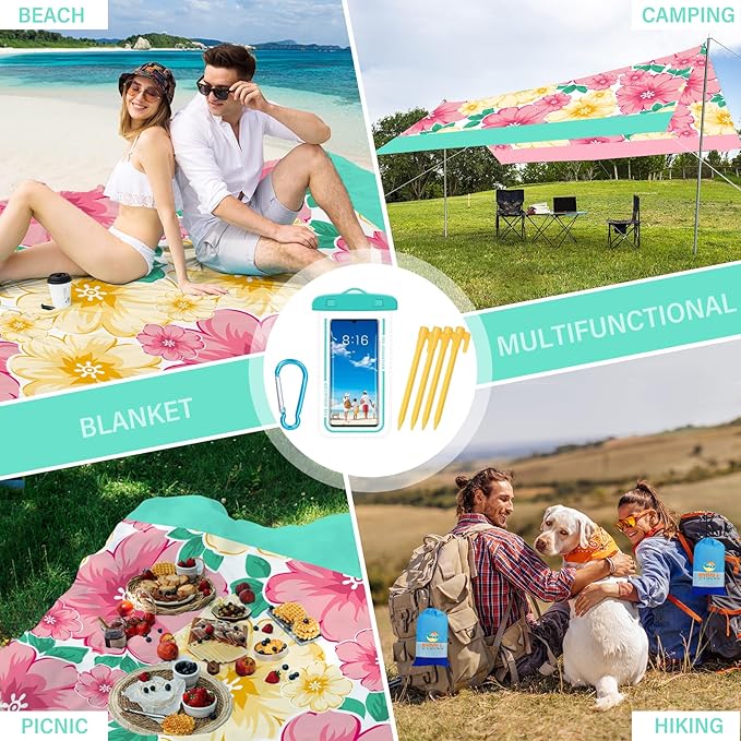 BYDOLL Beach Blanket Waterproof Sandproof 78''×81'' Suits1-4 Adults Compact Lightweight Oversized Sand-Free Blanket Large Picnic Mat for Beach Travel Camping Hiking