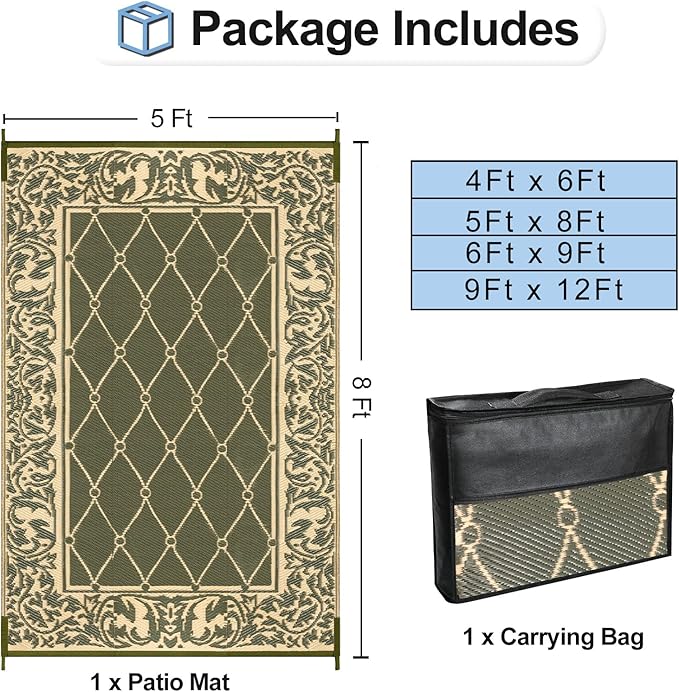 OutdoorLines Indoor Outdoor Rugs for Patio 5x8 ft - Reversible Outside Carpet, Stain & UV Resistant Portable RV Mat, Plastic Straw Rug for Camping, Pool Deck, Porch Rhombus Deep Lichen Green & Vanilla