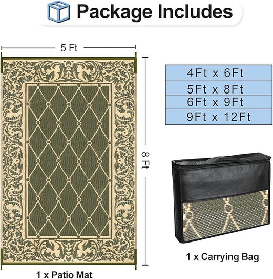 OutdoorLines Indoor Outdoor Rugs for Patio 5x8 ft - Reversible Outside Carpet, Stain & UV Resistant Portable RV Mat, Plastic Straw Rug for Camping, Pool Deck, Porch Rhombus Deep Lichen Green & Vanilla