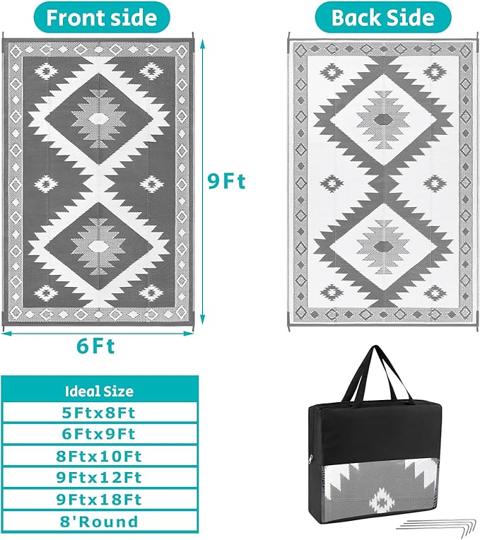 HEBE Outdoor Rug 6'x9' Waterproof for Patios Clearance, Reversible Plastic Straw Rug Camping Carpet, Indoor Outdoor Area Rugs Patio Mats for RV,Picnic,Backyard,Deck,Balcony,Porch