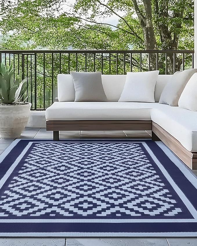 Kohree RV Outdoor Rug 9x12 Reversible, Waterproof Patio Mat with 4 Stakes & UV Fade Resistant, Non-Slip Outdoor Camping Mat for Deck, Picnic, Backyard, Includes Carry Bag (Blue)