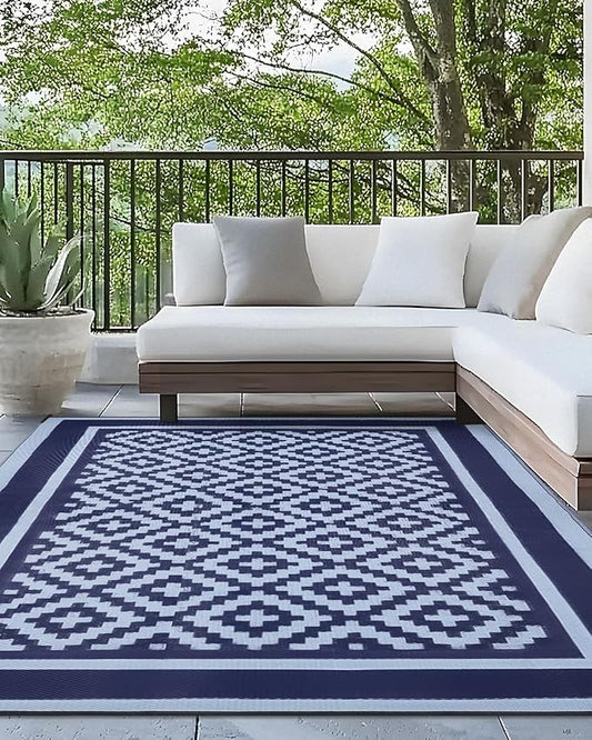 Kohree RV Outdoor Rug 9x12 Reversible, Waterproof Patio Mat with 4 Stakes & UV Fade Resistant, Non-Slip Outdoor Camping Mat for Deck, Picnic, Backyard, Includes Carry Bag (Blue)