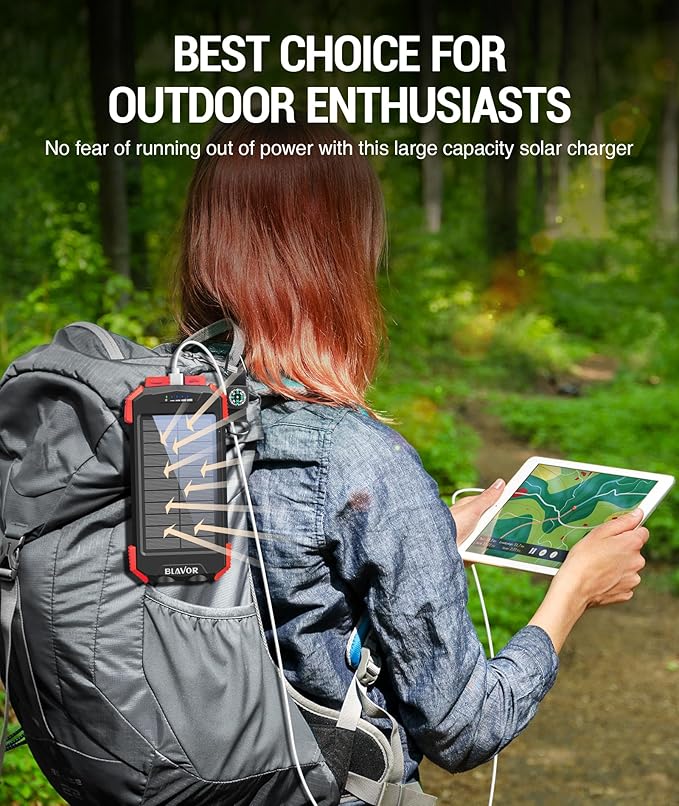 BLAVOR Solar Charger Power Bank 10,000mAh, Portable Wireless Charger, 20W Fast Charging External Battery Pack with USB C for Cell Phones, Solar Panel Charger with Dual Flashlight for Camping