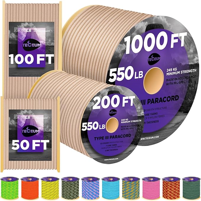 TECEUM Heavy Duty Rope 1000 – 1000ft / 200ft / 100ft / 50ft – 40+ Colors – Utility Rope for Survival & Camping Gear – Nylon String, Camping Rope, para Cord, Utility Nylon Rope, Tent Cord