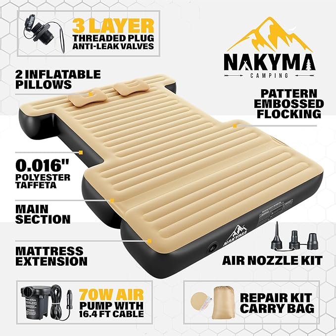 Truck Bed Air Mattress with Extension for 5.5-5.8ft Full Size Short Truck Beds Tent, 86.6"x63"x9.8" Inflatable Camping Air Mattress Pickup Bed with 12V Pump, Sleeping Pad for F-Series, Ram etc