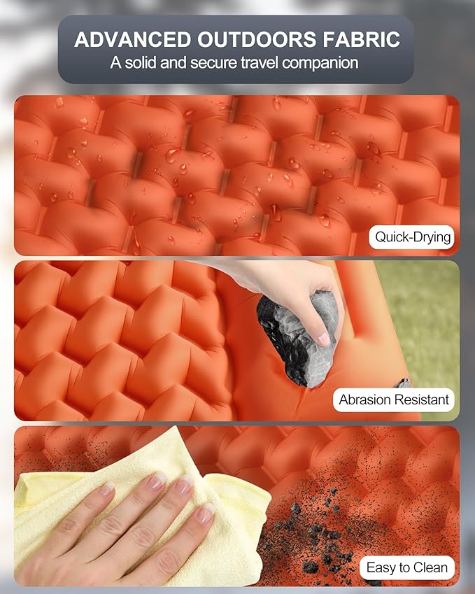 Inflatable Camping Sleeping Pad with Pillow & Foot Pump, 3"x79"x26" Single Camping Air Mattress, Compact Roll-Up, Quick-Dry & Durable Sleeping Mat for Backpacking, Hiking, Tent, Travel – Orange